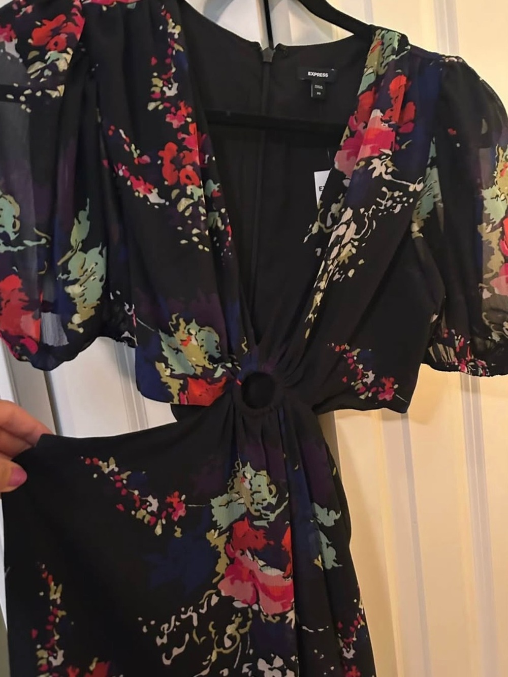 Express Black Floral Ring-Front Midi Dress with Multicolor Blooms